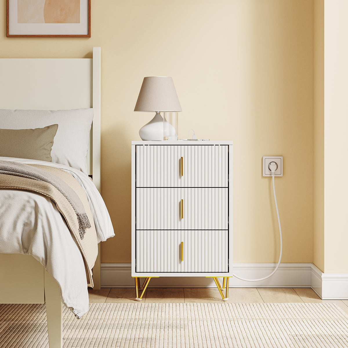 SoBuy FBT115-L-E-W, Nightstand with Charging Function, Bedside Table with 2 Outlets, USB and Type-C, White, B40 x T40 x H63.5 cm