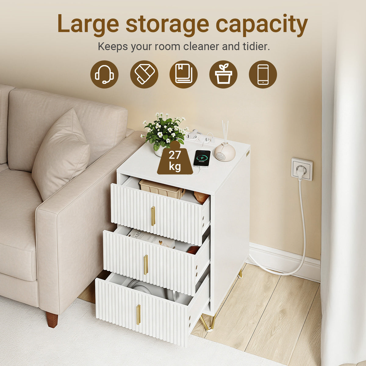 SoBuy FBT115-L-E-W, Nightstand with Charging Function, Bedside Table with 2 Outlets, USB and Type-C, White, B40 x T40 x H63.5 cm