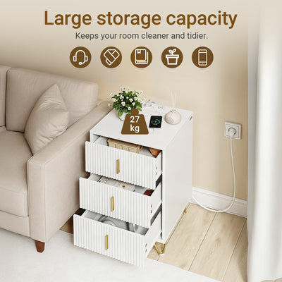 SoBuy FBT115-L-E-W, Nightstand with Charging Function, Bedside Table with 2 Outlets, USB and Type-C, White, B40 x T40 x H63.5 cm