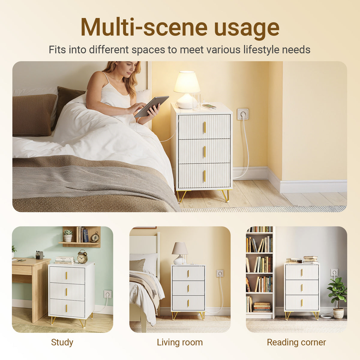 SoBuy FBT115-L-E-W, Nightstand with Charging Function, Bedside Table with 2 Outlets, USB and Type-C, White, B40 x T40 x H63.5 cm