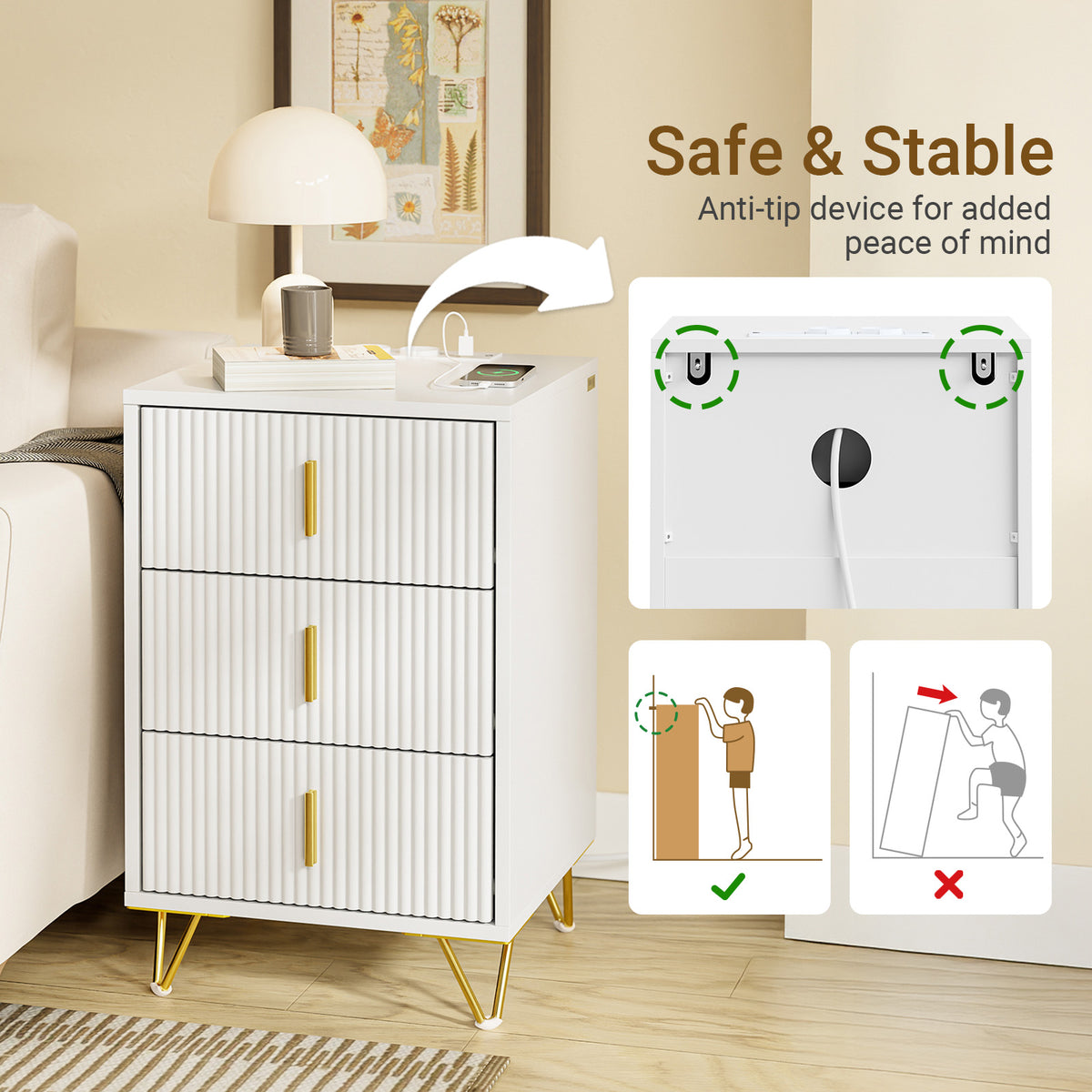 SoBuy FBT115-L-E-W, Nightstand with Charging Function, Bedside Table with 2 Outlets, USB and Type-C, White, B40 x T40 x H63.5 cm