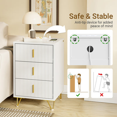 SoBuy FBT115-L-E-W, Nightstand with Charging Function, Bedside Table with 2 Outlets, USB and Type-C, White, B40 x T40 x H63.5 cm