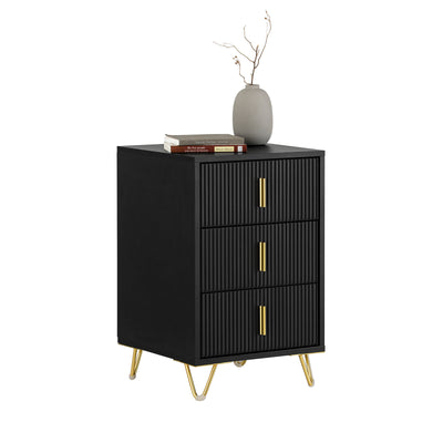 SoBuy FBT115-L-SCH black bedside table with 3 drawers and gold metal legs white background