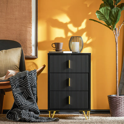 Black bedside table with 3 drawers styled in modern bedroom beside bed SoBuy FBT115-L-SCH