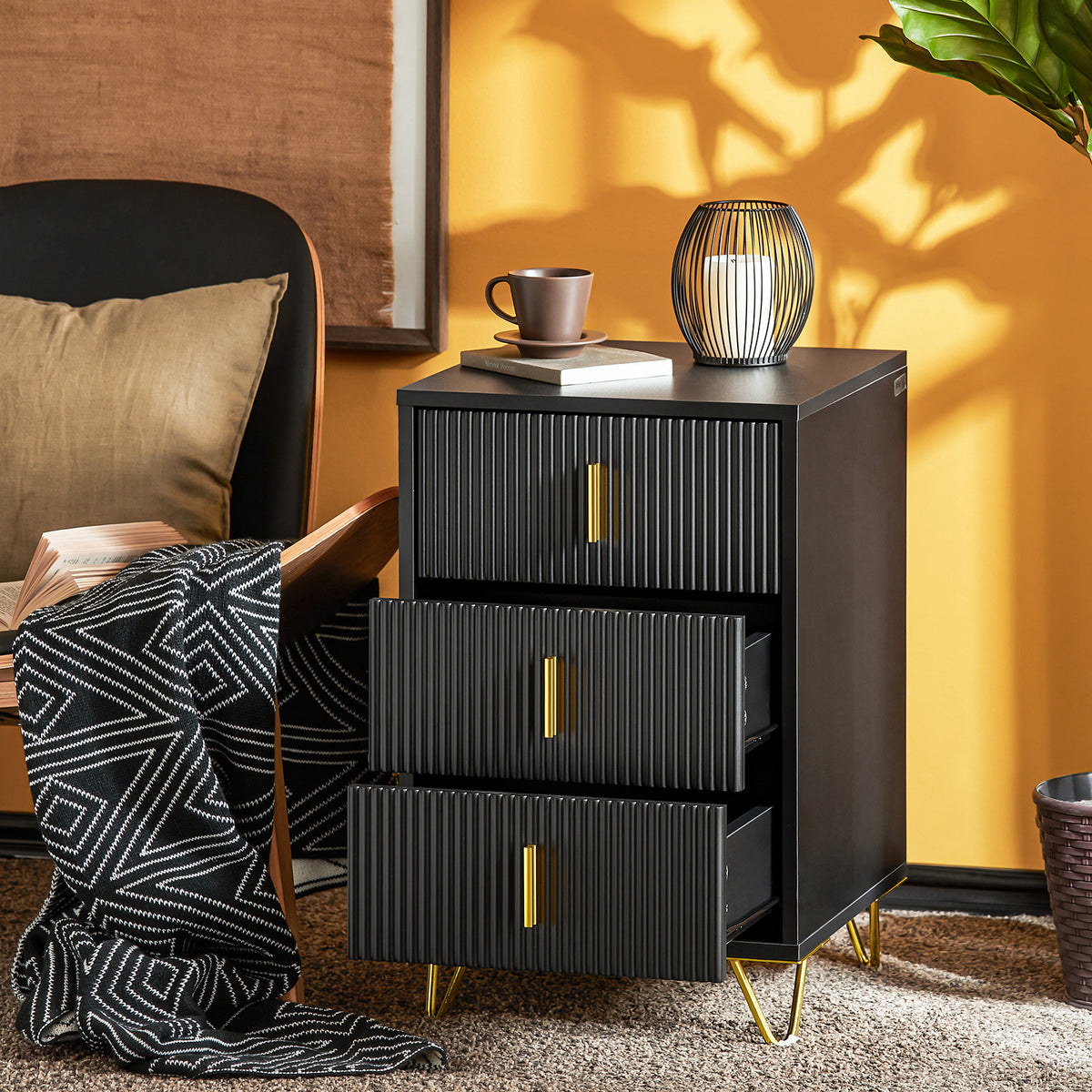 SoBuy black nightstand with gold legs in bedroom living room scene FBT115-L-SCH