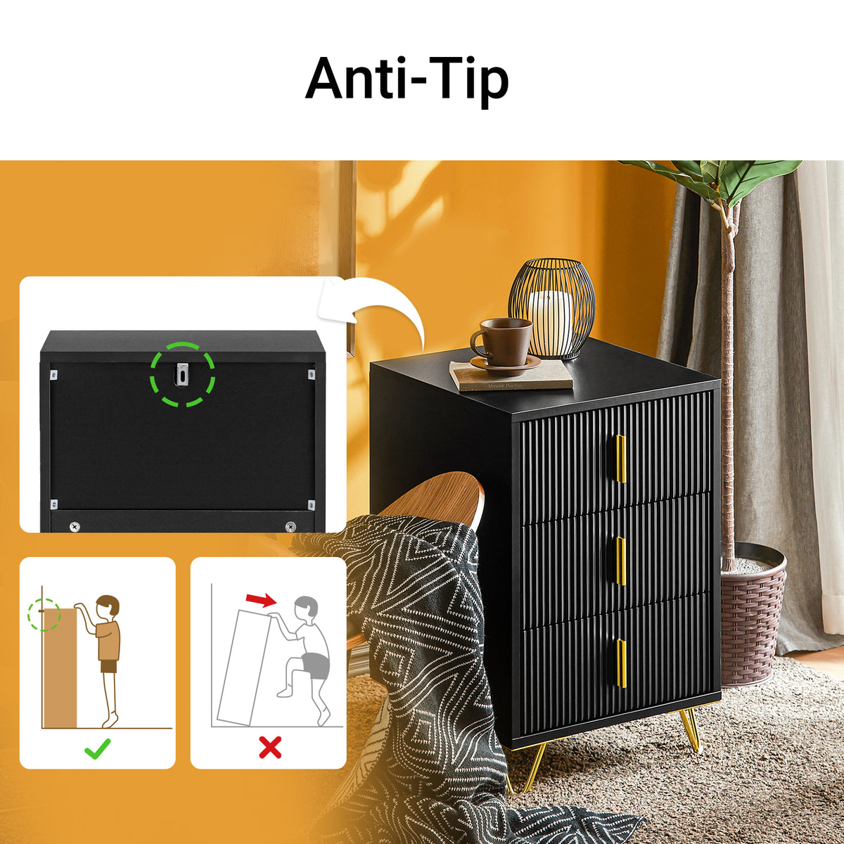 Black side table with 3 spacious drawers storage bedroom furniture SoBuy