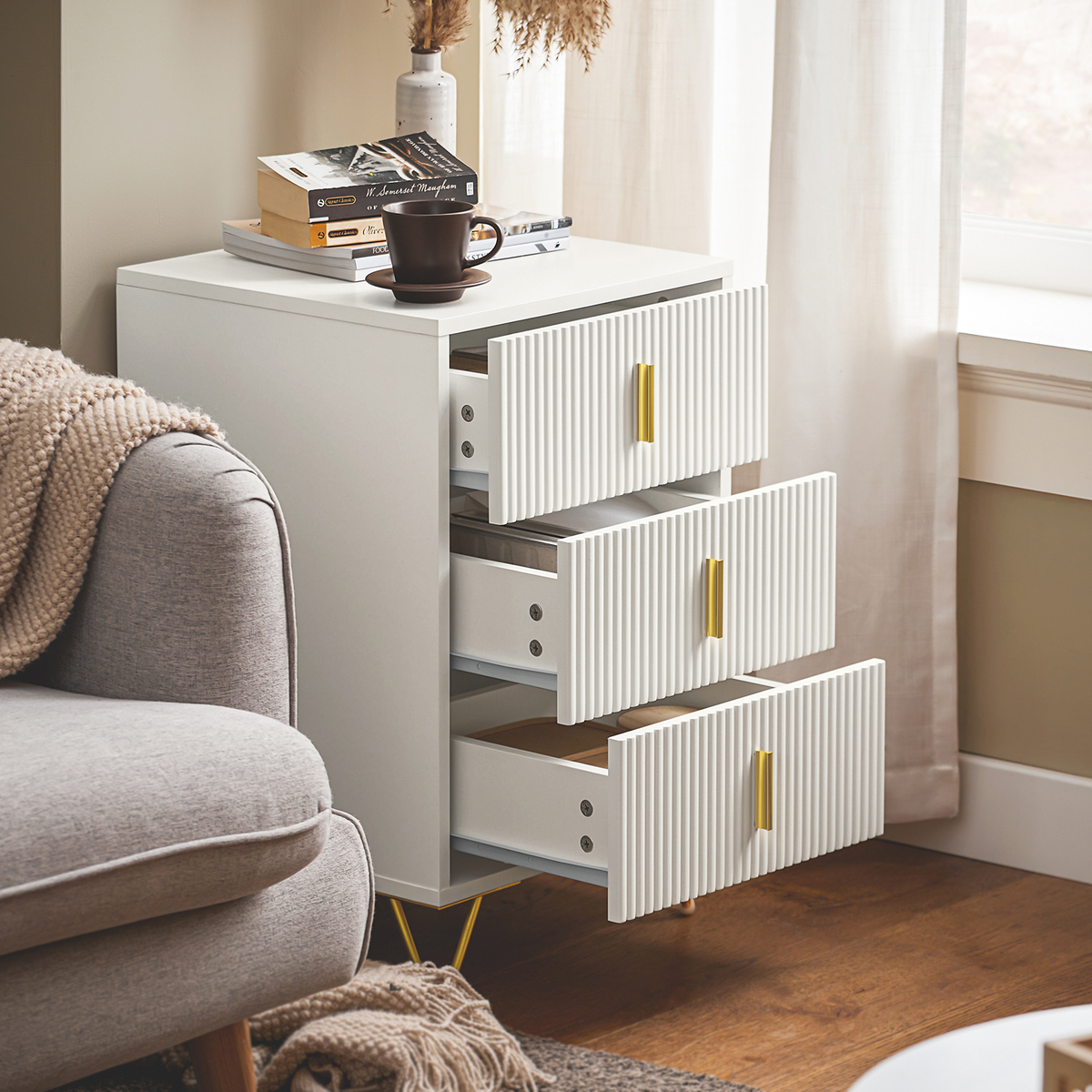 SoBuy FBT115-L-W, Bedside Table Bedside Cabinet Nightstand with 3 Drawers, Side Table for Bedroom Livimg Room White W40 x D40 x H63cm