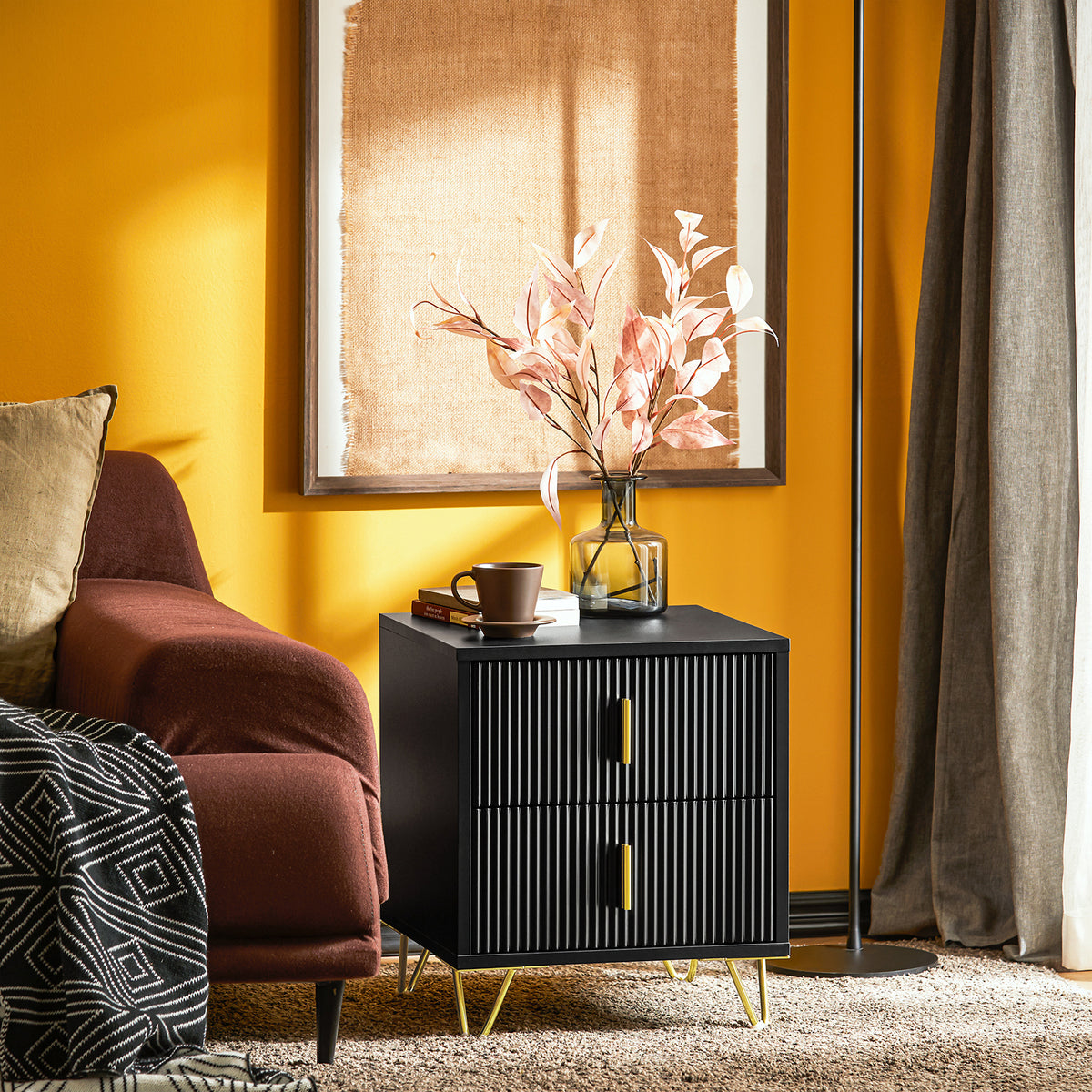 SoBuy FBT115-SCH bedside table in bedroom scene – fluted drawer fronts and gold metal legs styling