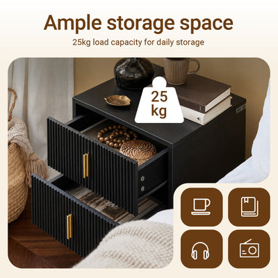 SoBuy FBT115-SCH Bedside Table with 2 Drawers – Compact Nightstand for Bedroom, Fluted Drawer Fronts, Gold Legs, Black W40×D40×H47cm