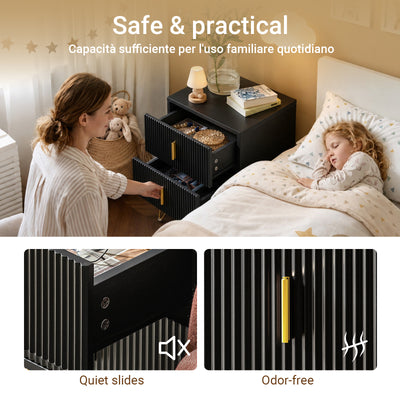 SoBuy FBT115-SCH Bedside Table with 2 Drawers – Compact Nightstand for Bedroom, Fluted Drawer Fronts, Gold Legs, Black W40×D40×H47cm