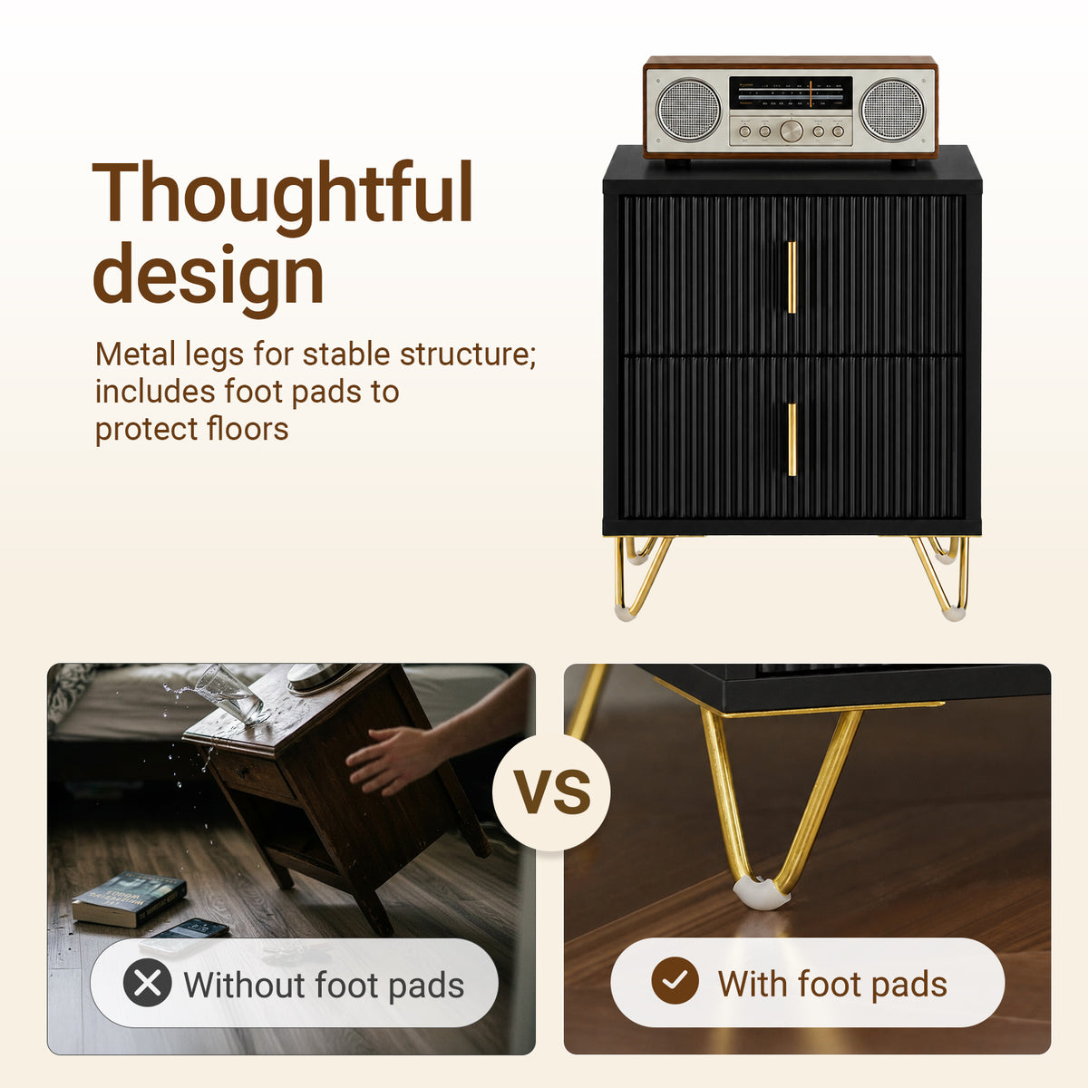 SoBuy FBT115-SCH Bedside Table with 2 Drawers – Compact Nightstand for Bedroom, Fluted Drawer Fronts, Gold Legs, Black W40×D40×H47cm
