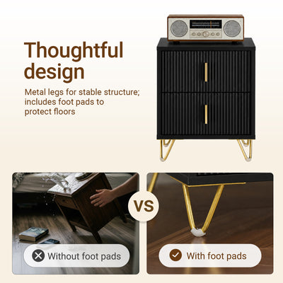 SoBuy FBT115-SCH Bedside Table with 2 Drawers – Compact Nightstand for Bedroom, Fluted Drawer Fronts, Gold Legs, Black W40×D40×H47cm