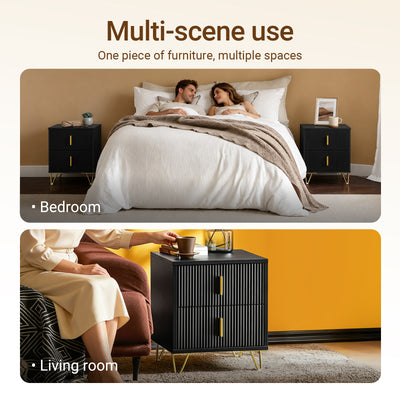 SoBuy FBT115-SCH Bedside Table with 2 Drawers – Compact Nightstand for Bedroom, Fluted Drawer Fronts, Gold Legs, Black W40×D40×H47cm
