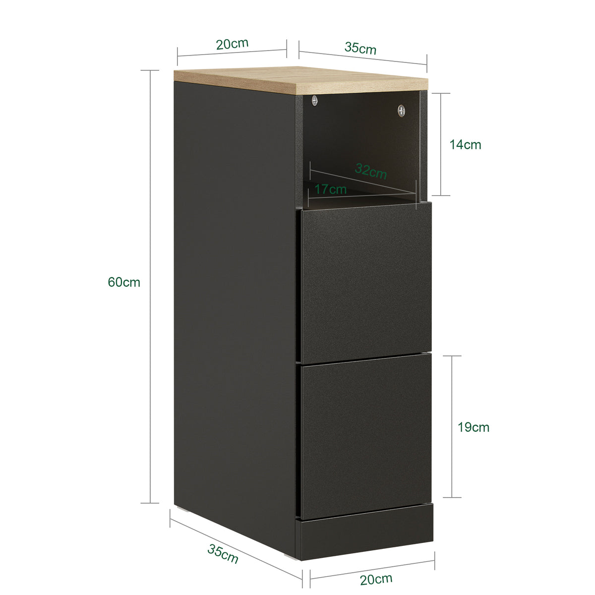 Pre-sale SoBuy FBT149-SCH Slim Bedside Table with 2 Drawers & Open Shelf – Narrow Nightstand Side Table W20 x D35 x H60cm, Black