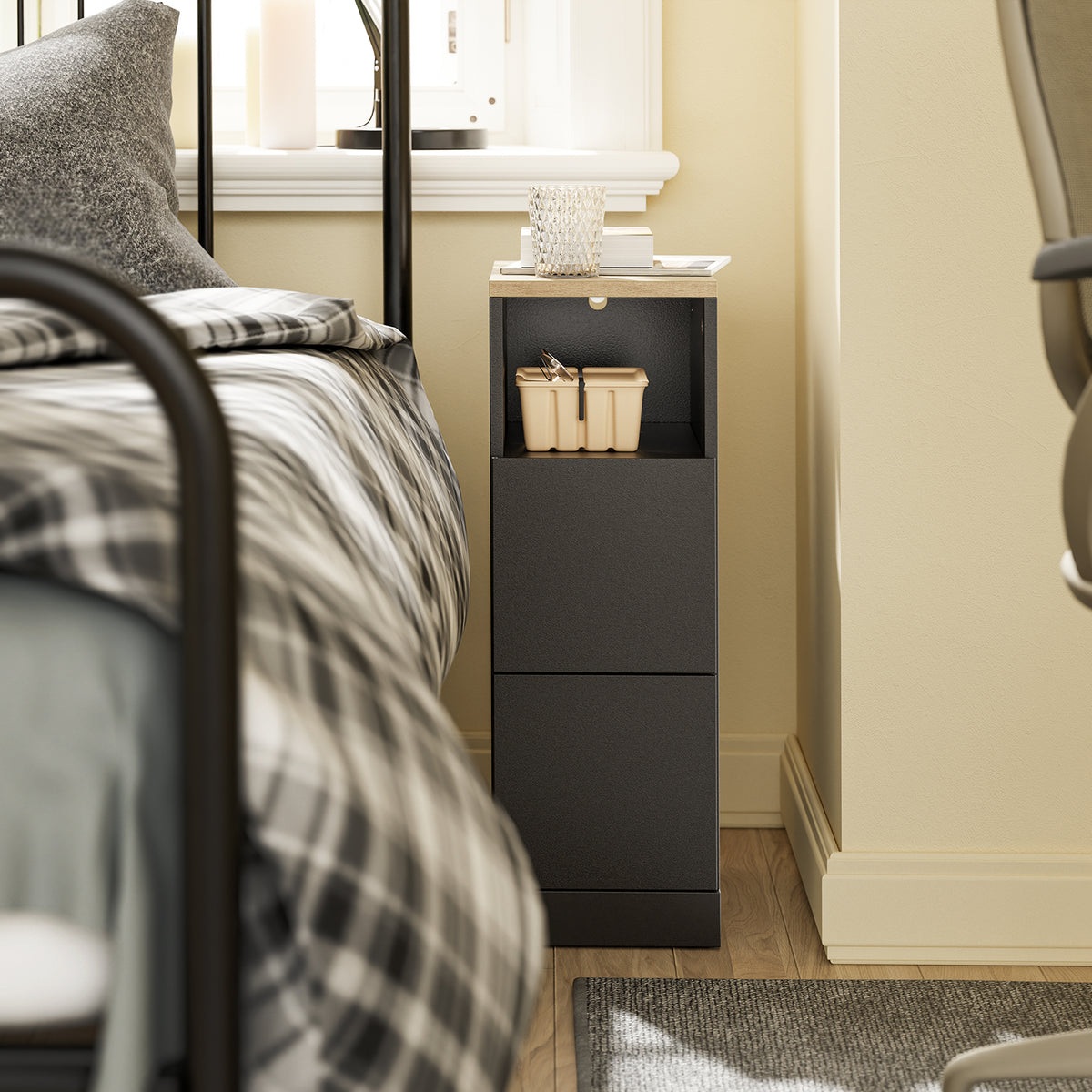 Pre-sale SoBuy FBT149-SCH Slim Bedside Table with 2 Drawers & Open Shelf – Narrow Nightstand Side Table W20 x D35 x H60cm, Black