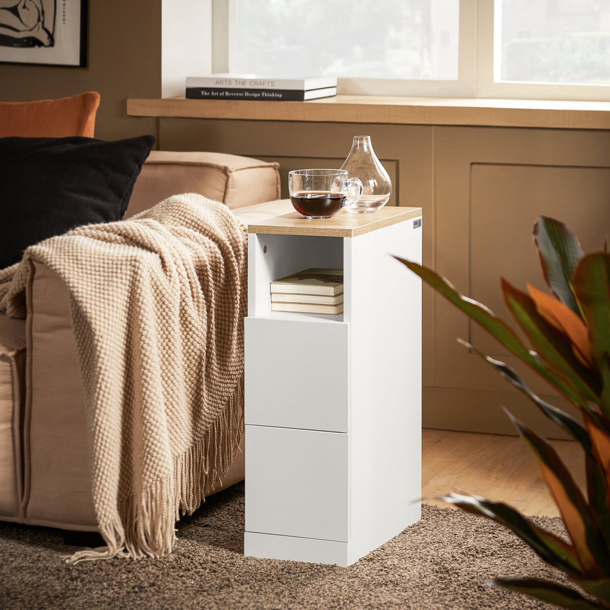 SoBuy FBT149-WN Narrow Nightstand with Open Shelf – Stylish White and Natural Wood Finish