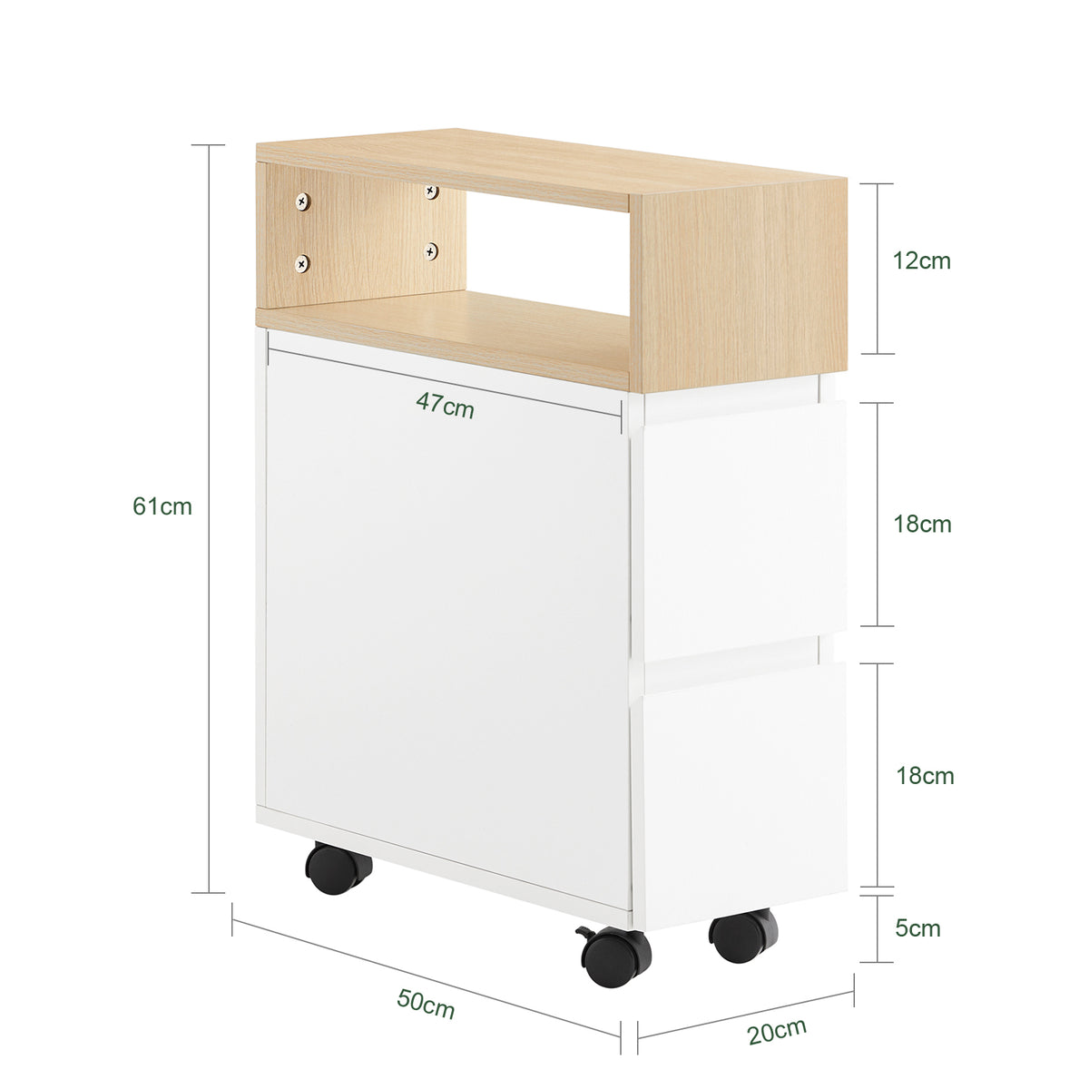 SoBuy FBT155-WN Slim Rolling Side Table with 2 Drawers - Bedside Table with Wheels for Small Spaces, Narrow Wheeled Nightstand for Bedroom/Living Room, 50x20x61cm White/Natural