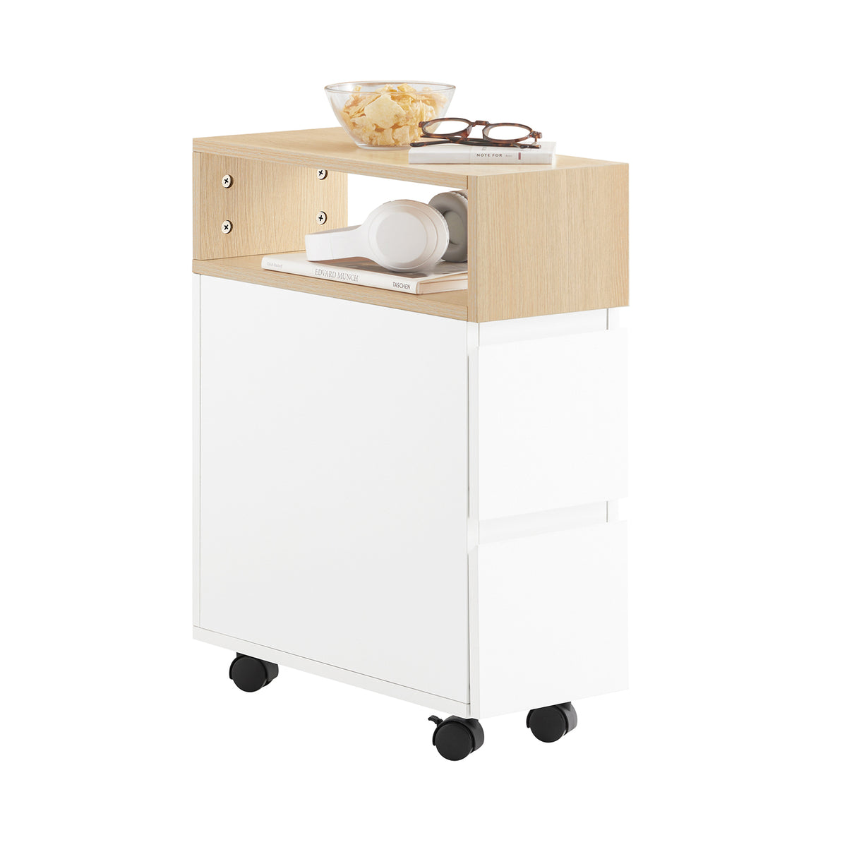 SoBuy FBT155-WN Slim Rolling Side Table with 2 Drawers - Bedside Table with Wheels for Small Spaces, Narrow Wheeled Nightstand for Bedroom/Living Room, 50x20x61cm White/Natural