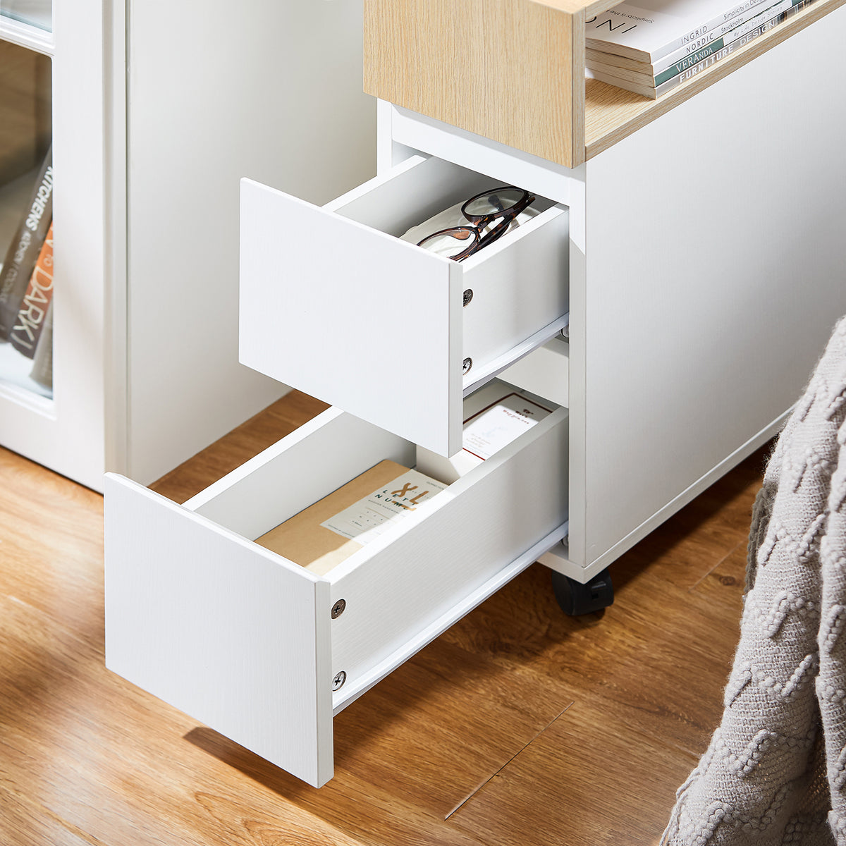 SoBuy FBT155-WN Slim Rolling Side Table with 2 Drawers - Bedside Table with Wheels for Small Spaces, Narrow Wheeled Nightstand for Bedroom/Living Room, 50x20x61cm White/Natural