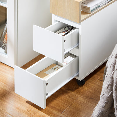 SoBuy FBT155-WN Slim Rolling Side Table with 2 Drawers - Bedside Table with Wheels for Small Spaces, Narrow Wheeled Nightstand for Bedroom/Living Room, 50x20x61cm White/Natural