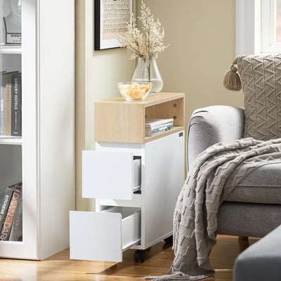 SoBuy FBT155-WN Slim Rolling Side Table with 2 Drawers - Bedside Table with Wheels for Small Spaces, Narrow Wheeled Nightstand for Bedroom/Living Room, 50x20x61cm White/Natural