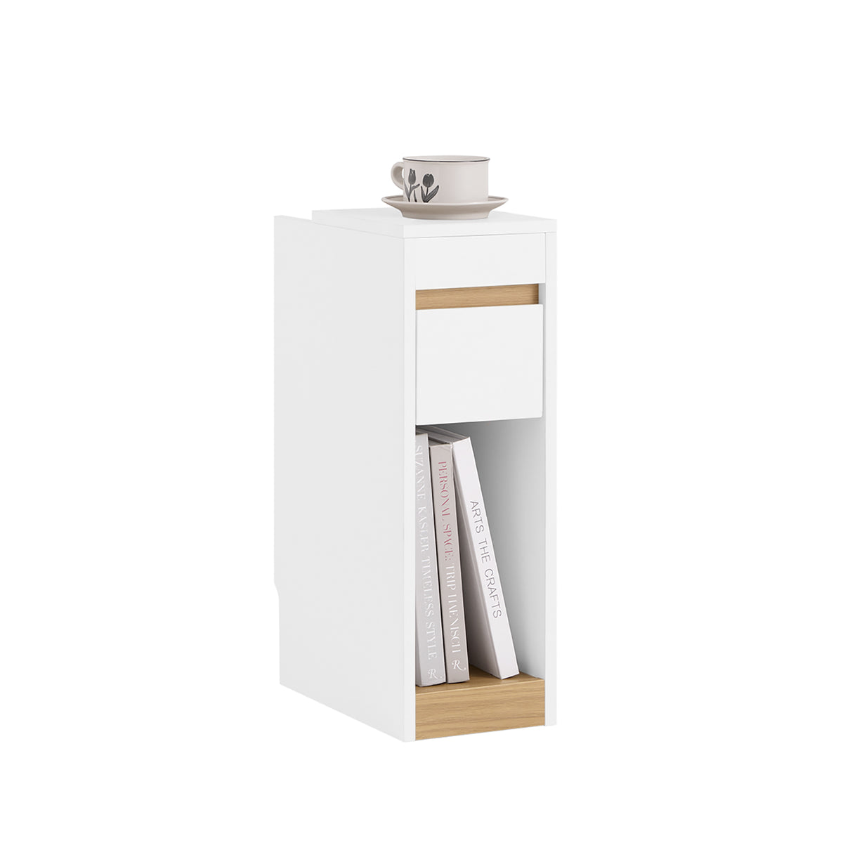 SoBuy 20cm Wide Narrow Bedside Table Nightstands with Removable Top and Drawer, Narrow Side Table for Sofa, Night Tables for Bedroom and Living Room, color White and Wood 20x35x60cm FBT163-WN