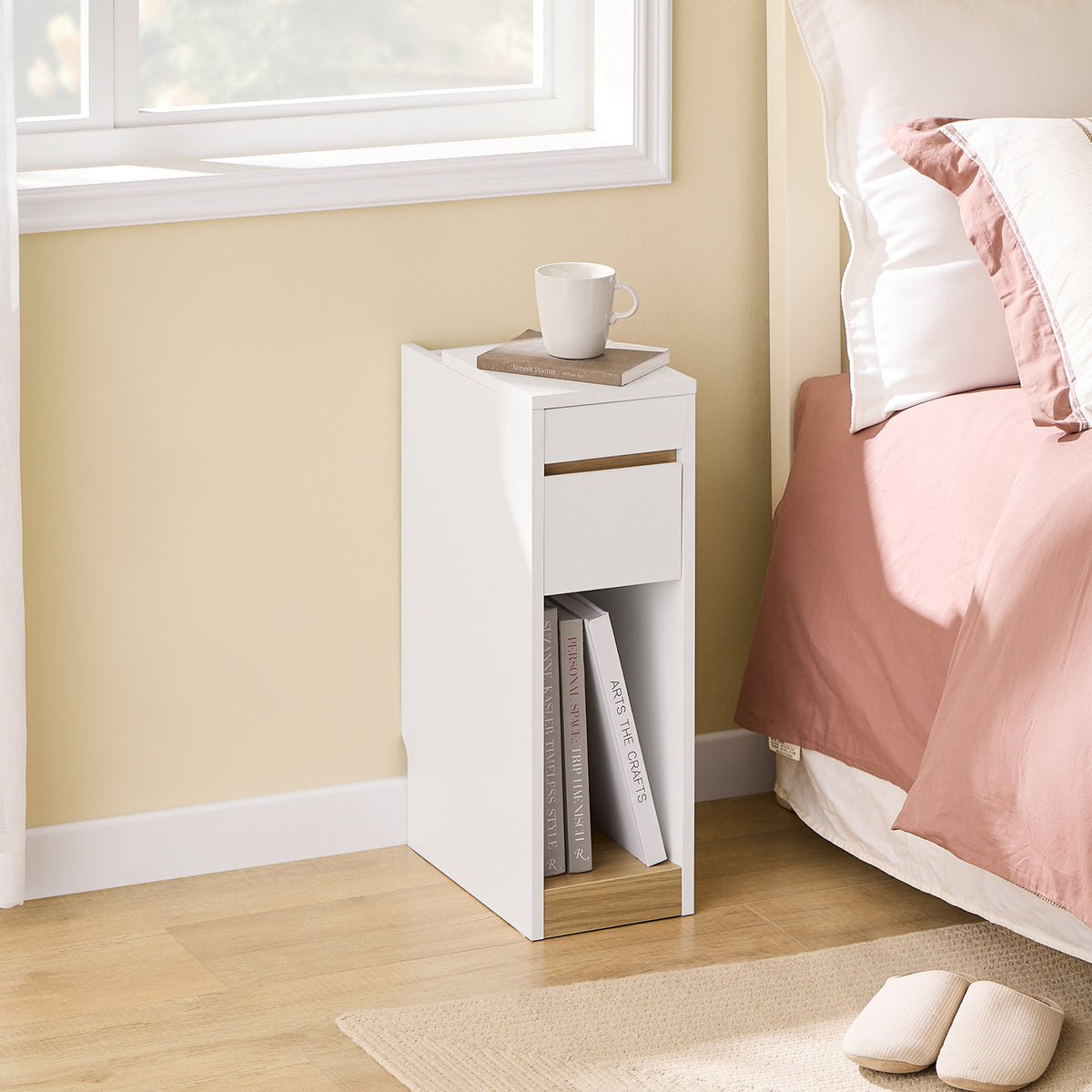 SoBuy 20cm Wide Narrow Bedside Table Nightstands with Removable Top and Drawer, Narrow Side Table for Sofa, Night Tables for Bedroom and Living Room, color White and Wood 20x35x60cm FBT163-WN