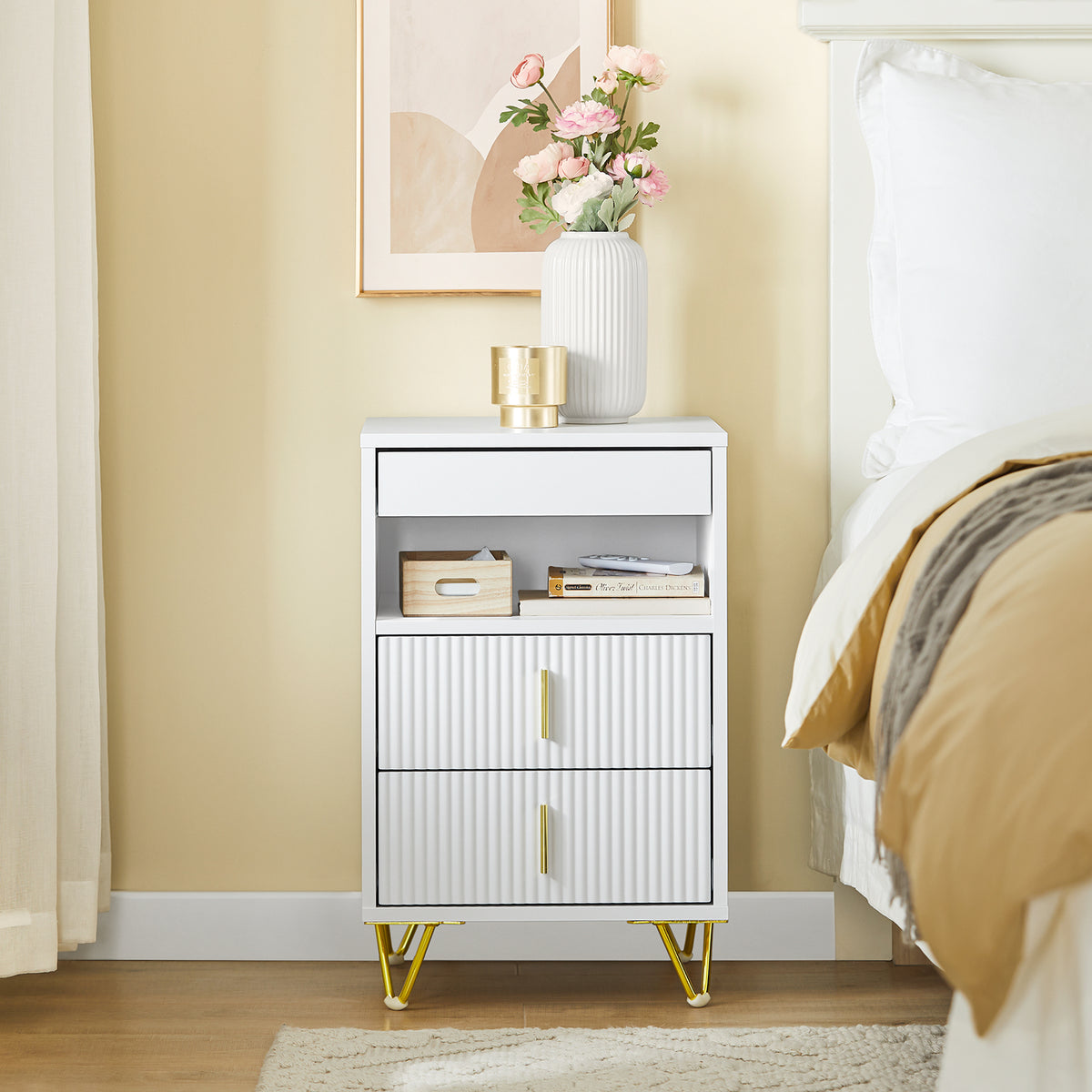 SoBuy FBT168-W, Bedside Table, Bedside Cabinet, Nightstand with 3 Drawers and Shelf, Side Table for Bedroom Living Room, White W40 x D40 x H63cm