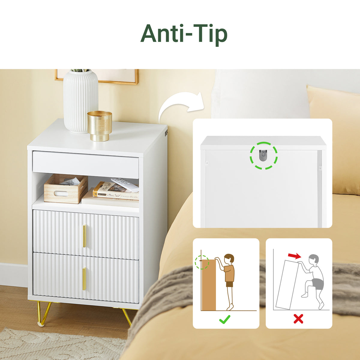 SoBuy FBT168-W, Bedside Table, Bedside Cabinet, Nightstand with 3 Drawers and Shelf, Side Table for Bedroom Living Room, White W40 x D40 x H63cm