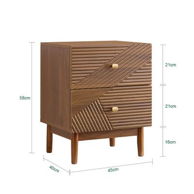 SoBuy FBT170-N, Vintage Bedside Table with 2 Drawers, Wooden Side Table with Rubber Wood Legs, Nightstand for Bedroom, Living Room, and Study, Brown, W45 x D40 x H58 cm