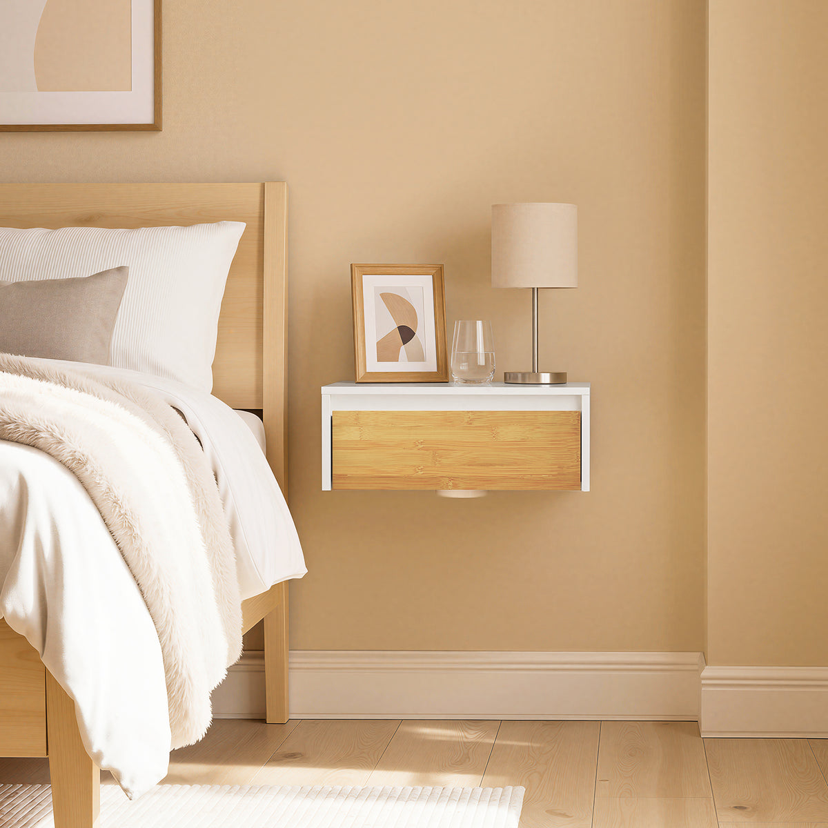 SoBuy FBT174-E-WN, Floating Bedside Table with Drawer & Magnetic Light for Bedroom | Wall Mounted Floating Shelf with Hidden Handle, Space Saving Living Room Storage, White & Natural, 40×30×16cm