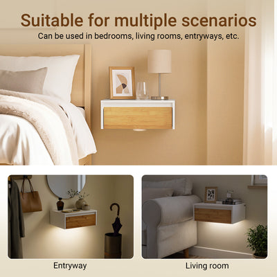 SoBuy FBT174-E-WN, Floating Bedside Table with Drawer & Magnetic Light for Bedroom | Wall Mounted Floating Shelf with Hidden Handle, Space Saving Living Room Storage, White & Natural, 40×30×16cm
