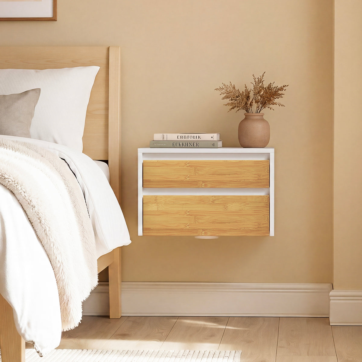 SoBuy FBT175-E-WN, Floating Bedside Table with 2 Drawers & Magnetic Light Bedroom | Wall Mounted Floating Shelf with Hidden Handle Drawer, Space Saving Bedroom Storage, White & Natural, 40×30×26cm