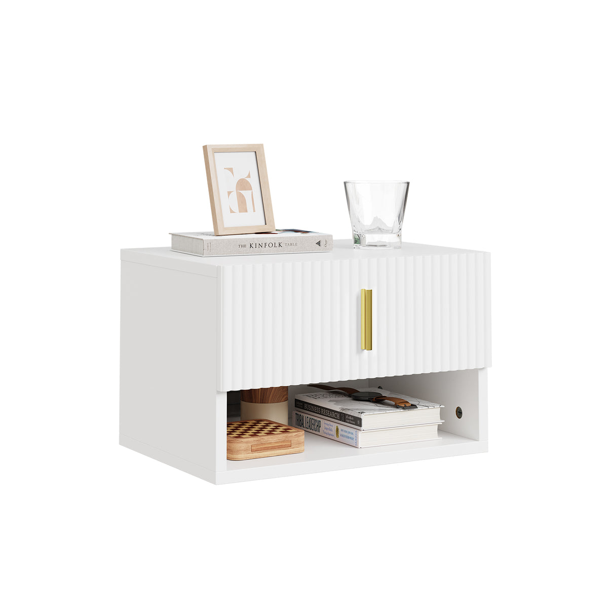 SoBuy FBT176-E-W, Floating Bedside Table with Drawer & LED Motion Sensor Light Bedroom | Wall Mounted Floating Shelf with Open Storage & Adjustable Drawer Design, Modern White Gold, 40×30×26cm