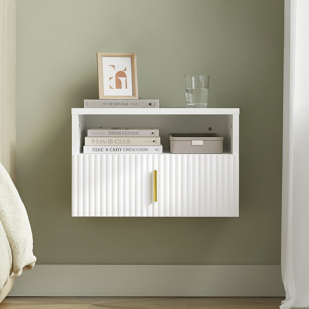 SoBuy FBT176-E-W, Floating Bedside Table with Drawer & LED Motion Sensor Light Bedroom | Wall Mounted Floating Shelf with Open Storage & Adjustable Drawer Design, Modern White Gold, 40×30×26cm