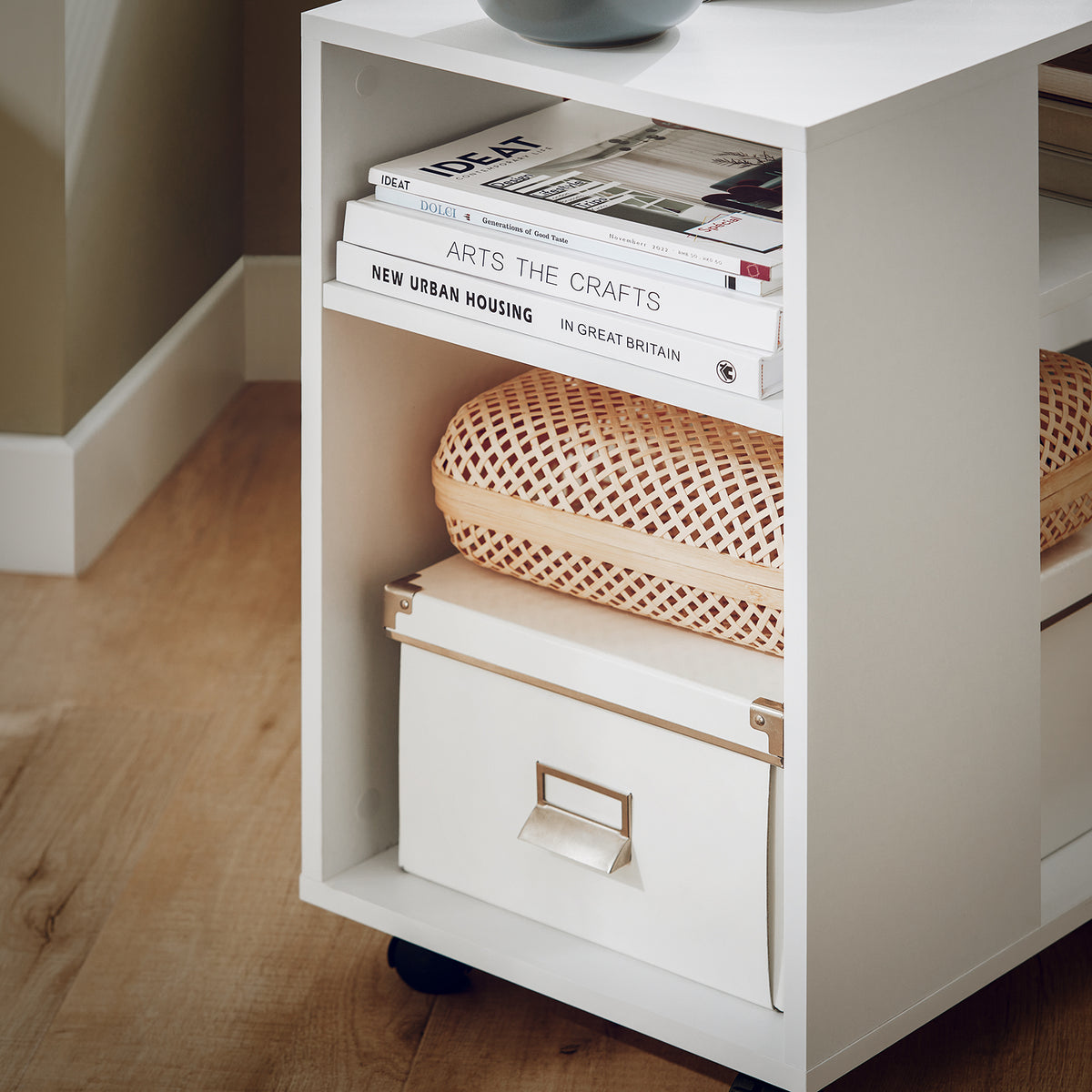 SoBuy FBT34-W, Side Table End Table with Storage Shelves, 2 Tiers Bookcase on Wheels, White