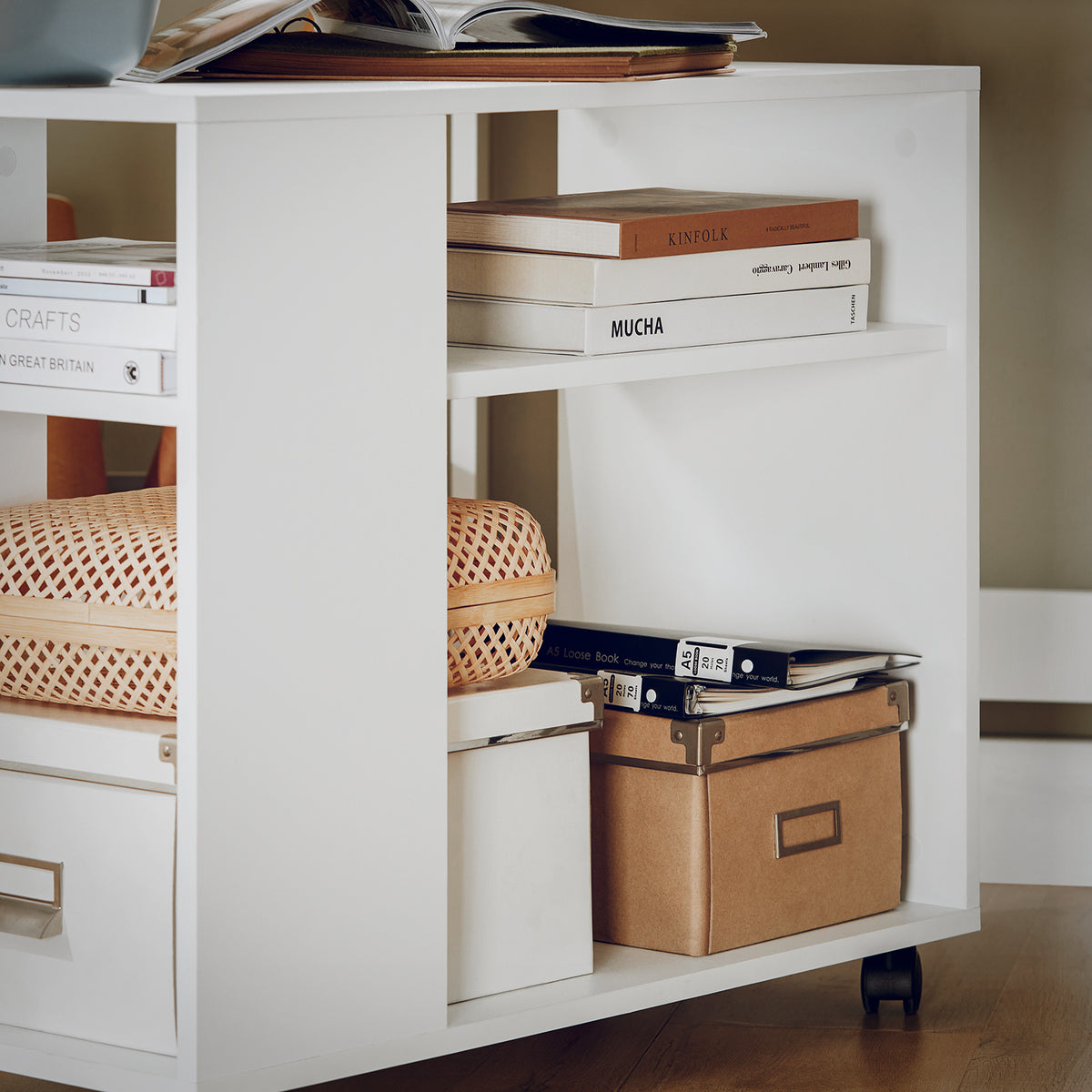 SoBuy FBT34-W, Side Table End Table with Storage Shelves, 2 Tiers Bookcase on Wheels, White