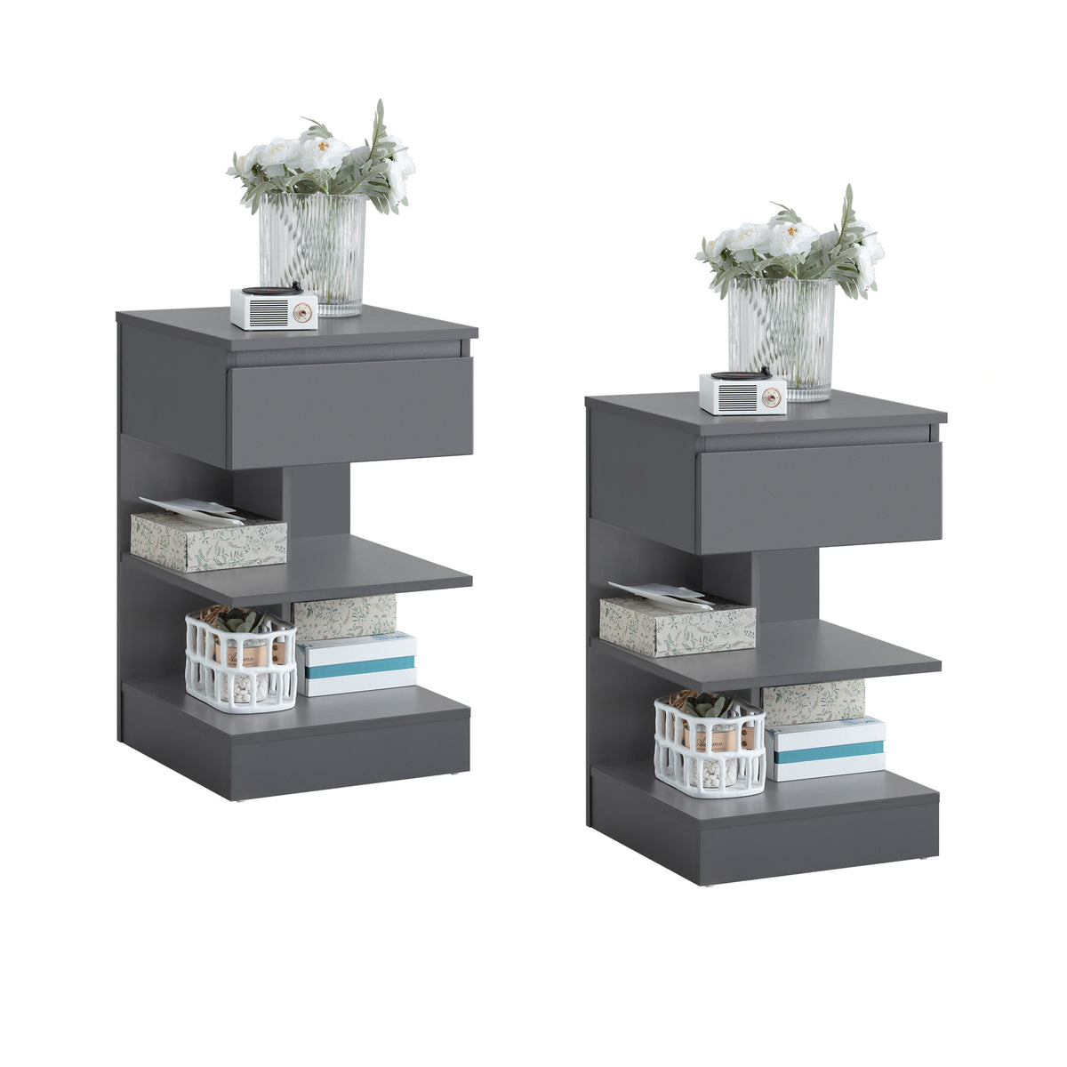 SoBuy FBT49-HGx2, Set of 2 Bedside Table Bedside Cabinet Nightstand with 1 Drawer & 2 Shelves, Side Table for Bedroom Living Room Grey W39 x D39 x H65cm