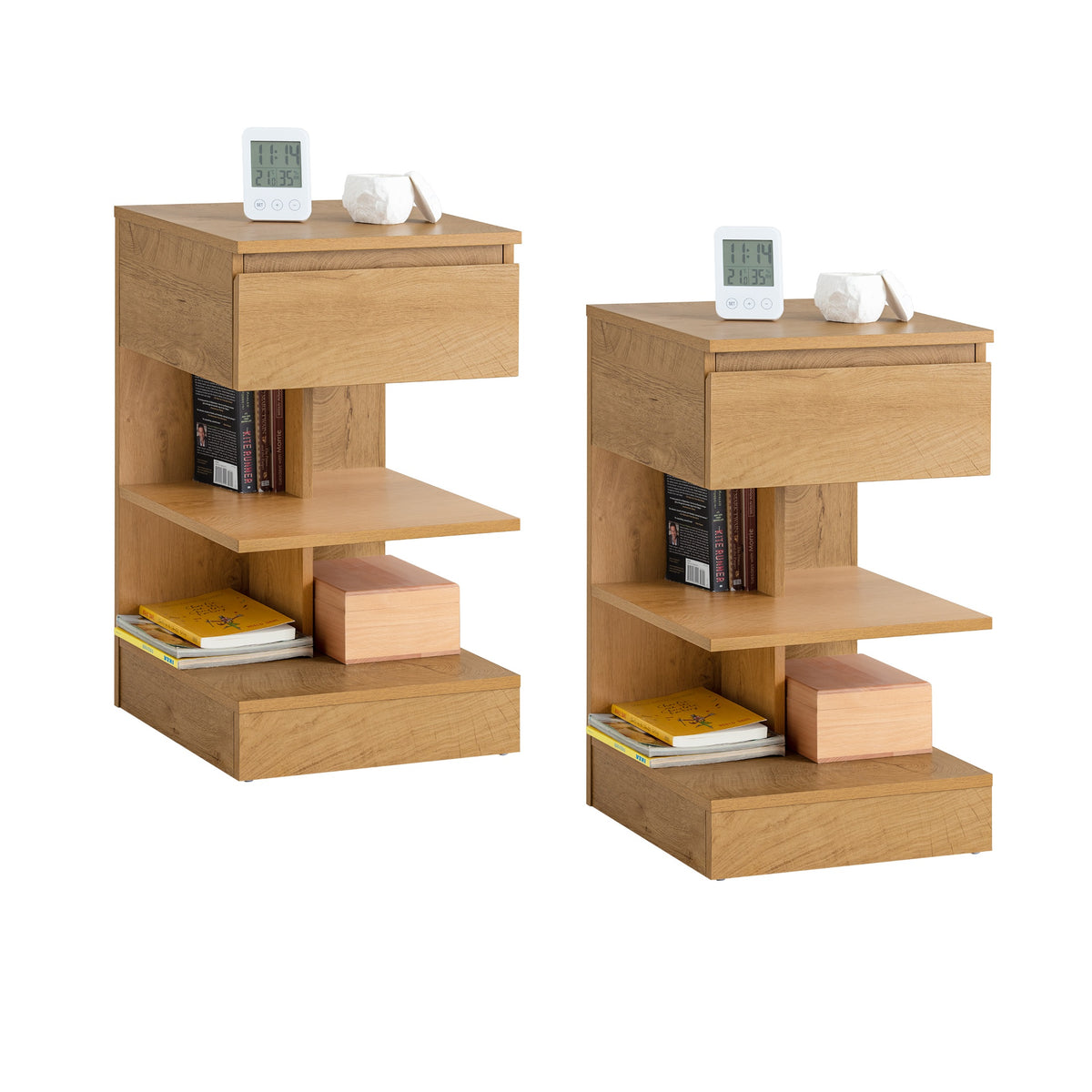 SoBuy FBT49-Nx2, Set of 2 Bedside Table Bedside Cabinet Nightstand with 1 Drawer & 2 Shelves, Side Table for Bedroom Living Room Natural W39 x D39 x H65cm