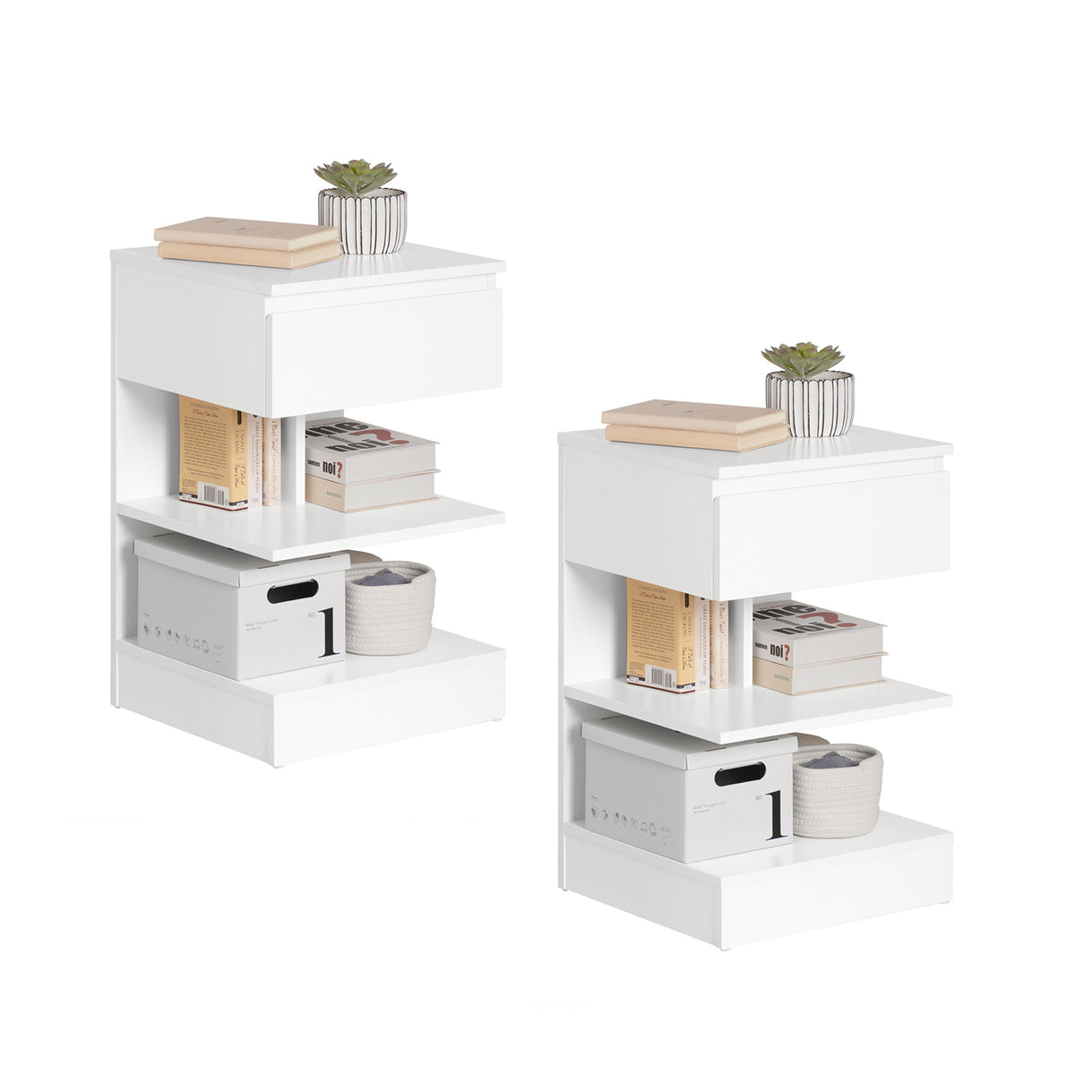 SoBuy FBT49-Wx2, Set of 2 Bedside Table Bedside Cabinet Nightstand with 1 Drawer & 2 Shelves, Side Table for Bedroom Living Room White W39 x D39 x H65cm