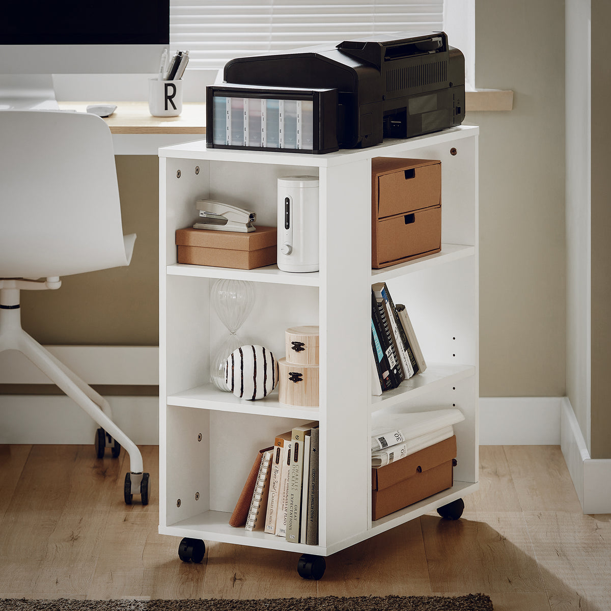 SoBuy FBT68-W, 3 Tiers Bookcase Storage Shelf on Wheels, Desk Side Printer Shelf, White