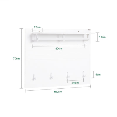 SoBuy FHK36-W, Wall Coat Rack Wall Shelf Wall Panel Wardrobe Panel with 4 Hooks High Gloss White, White