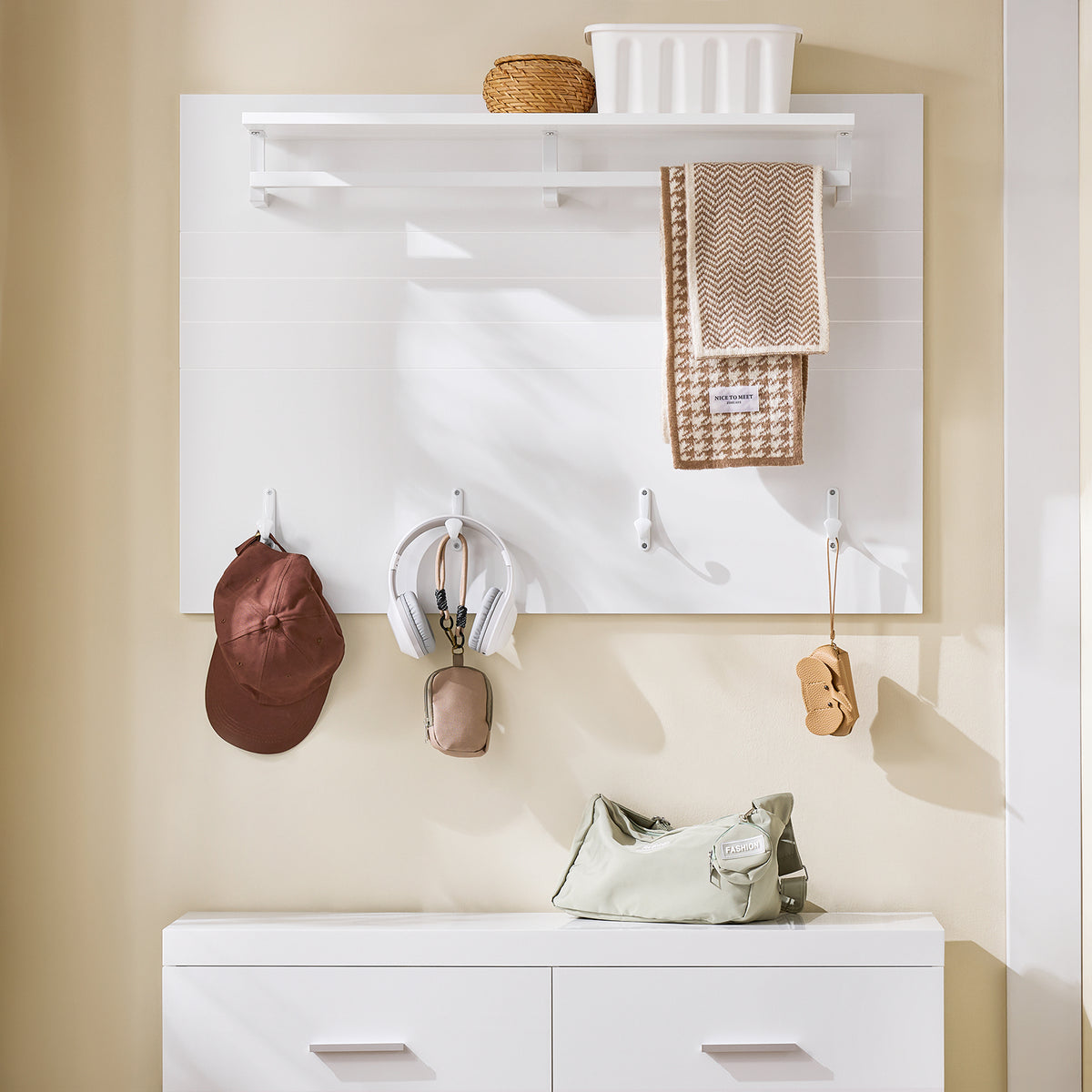 SoBuy FHK36-W, Wall Coat Rack Wall Shelf Wall Panel Wardrobe Panel with 4 Hooks High Gloss White, White
