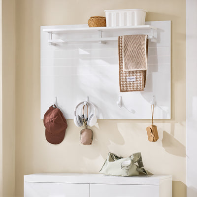 SoBuy FHK36-W, Wall Coat Rack Wall Shelf Wall Panel Wardrobe Panel with 4 Hooks High Gloss White, White