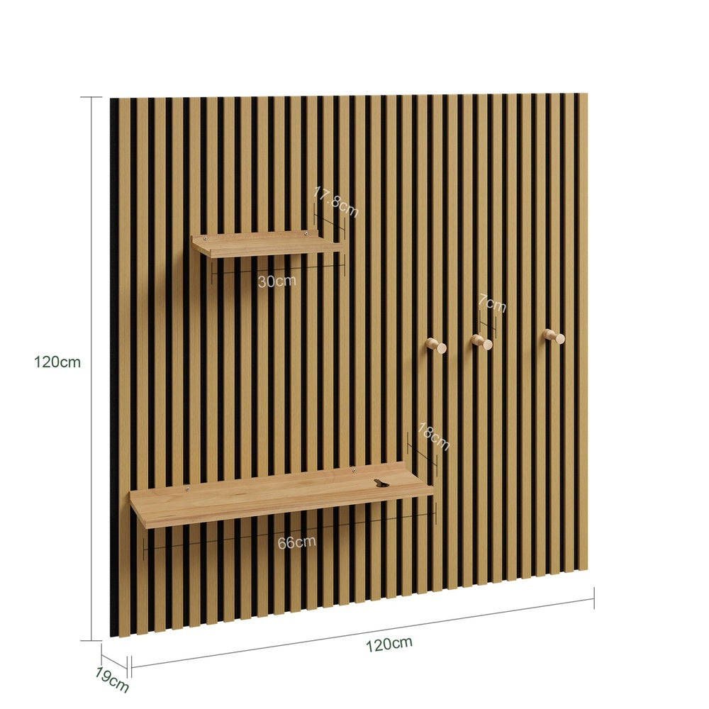 SoBuy FHK40-N, Acoustic Slat Wall Panel Shelf with 3 Hooks & 2 Removable Shelves, Entryway, Natural, 120x19x120cm - view 3