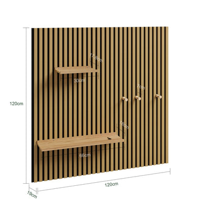 SoBuy FHK40-N, Acoustic Slat Wall Panel Shelf with 3 Hooks & 2 Removable Shelves, Entryway, Natural, 120x19x120cm - view 3