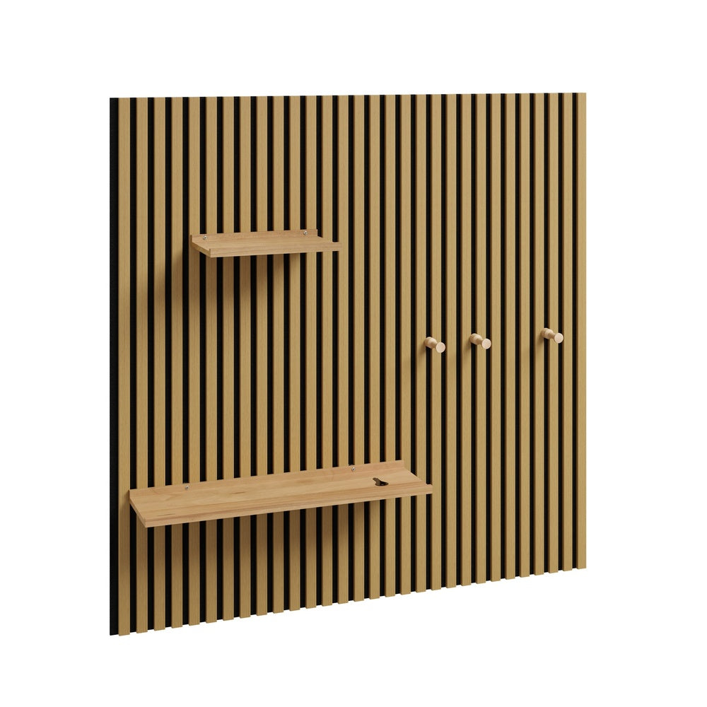 SoBuy FHK40-N, Acoustic Slat Wall Panel Shelf with 3 Hooks & 2 Removable Shelves, Entryway, Natural, 120x19x120cm - view 1