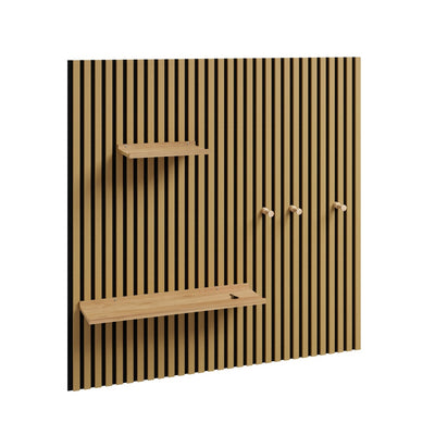 SoBuy FHK40-N, Acoustic Slat Wall Panel Shelf with 3 Hooks & 2 Removable Shelves, Entryway, Natural, 120x19x120cm - view 1