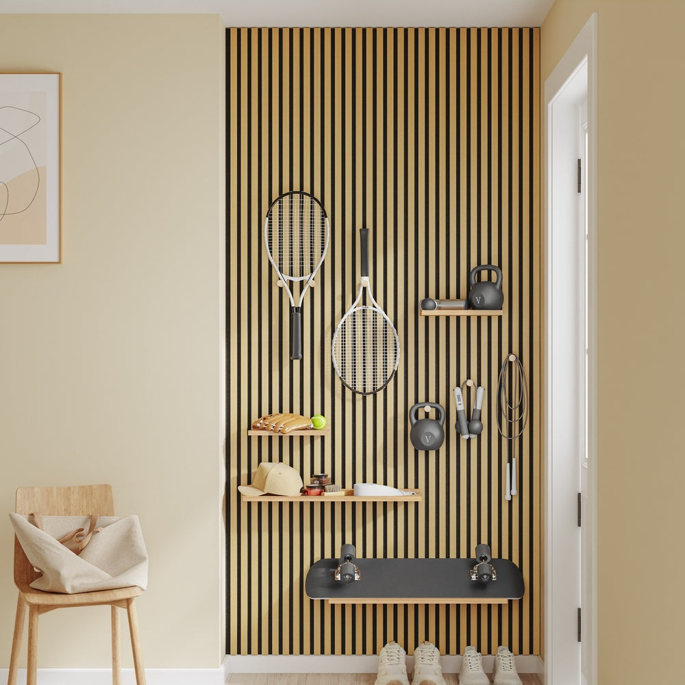 SoBuy FHK40-N, Acoustic Slat Wall Panel Shelf with 3 Hooks & 2 Removable Shelves, Entryway, Natural, 120x19x120cm - view 2