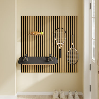 SoBuy FHK40-N, Acoustic Slat Wall Panel Shelf with 3 Hooks & 2 Removable Shelves, Entryway, Natural, 120x19x120cm - view 12